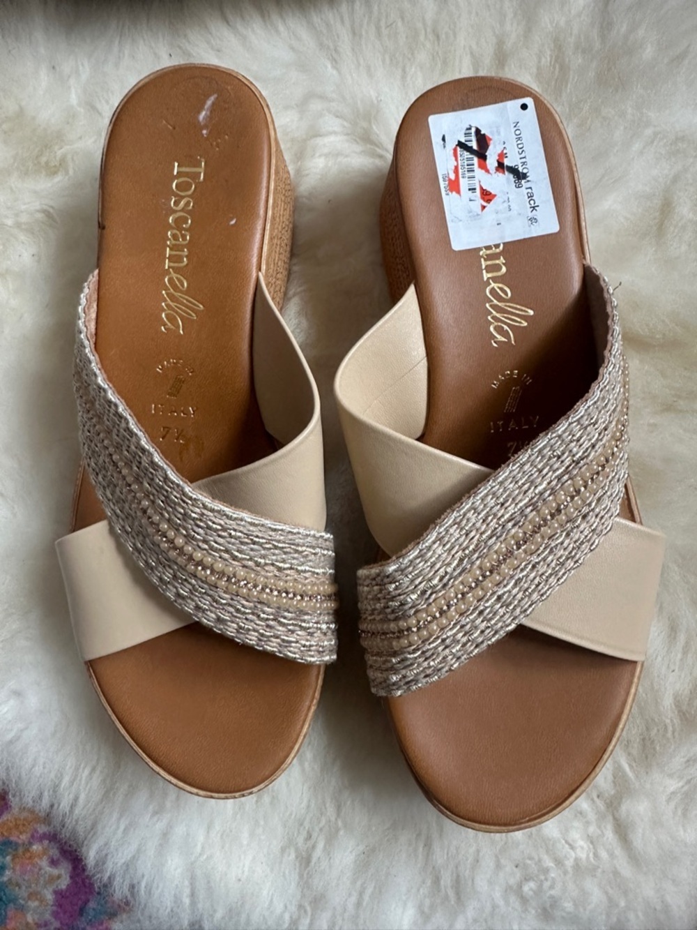Toscanella Neutral Braided Crisscross Beige Cream Boho Slip On Sandals - Picture 3 of 9